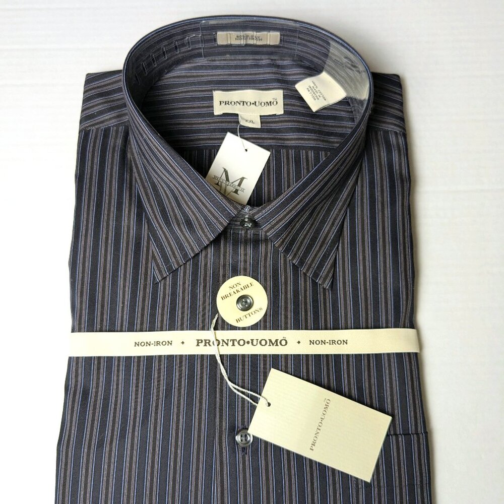 PRONTO UOMO Men's Long Sleeve Non Iron Dress Shirt Size XXL Black Pinstripe  NWT